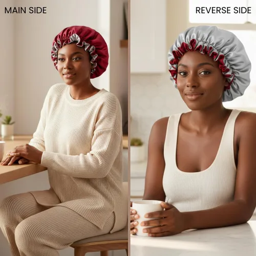Vista 2 de Gorro de pelo para dormir, gorro de noche con clip ajustable, gorro reversible para el cabello para mujer, gorro de satén de seda