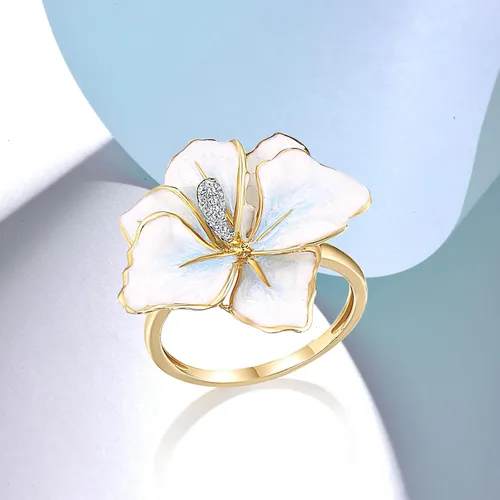Vista 16 de Santuzza Anillo de diamante genuino de flor esmaltada de oro sólido amarillo de 10 quilates para mujer