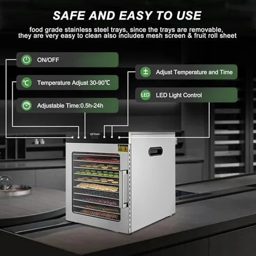 Vista 4 de 10-Layer Food Dehydrator Stainless Steel with Adjustable Temp & Timer for Drying Fruits Veggies Meat Compact Dishwasher Safe Trays for Home Kitchen