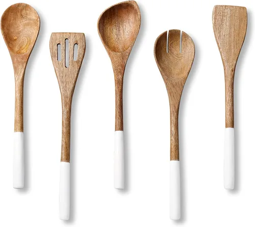 Vista 8 de Juego de 5 cucharas de madera para cocinar o utensilios de cocina, 12 pulgadas de largo (azul sólido)