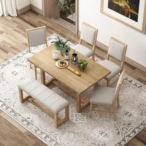 Vista 9 de Merax Juego de sillas de comedor de 6 piezas, mesa rectangular de madera de caucho retro con base de caballete diseñada y 4 sillas tapizadas y 1 Gris