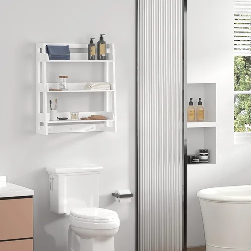 Vista 5 de UTEX Estante de pared para baño, organizador de estante de almacenamiento sobre el inodoro, estante de montaje en pared de 3 niveles con gancho