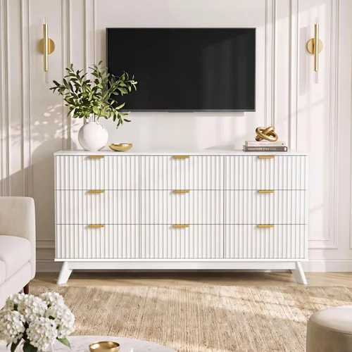 Vista 6 de YESHOMY Cómoda acanalada para dormitorio, cómoda de 57 pulgadas de ancho Blanco