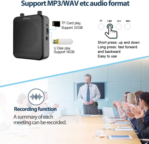 Vista 8 de Amplificador de voz portátil de 30 W con auriculares con micrófono cableado, sistema PA recargable de 2800 mAh, altavoz con micrófono personal