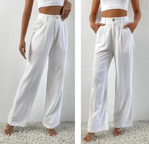 Vista 2 de heipeiwa Pantalones de mujer de lino casual de cintura alta de pierna ancha estilo recto de algodón y lino con botones