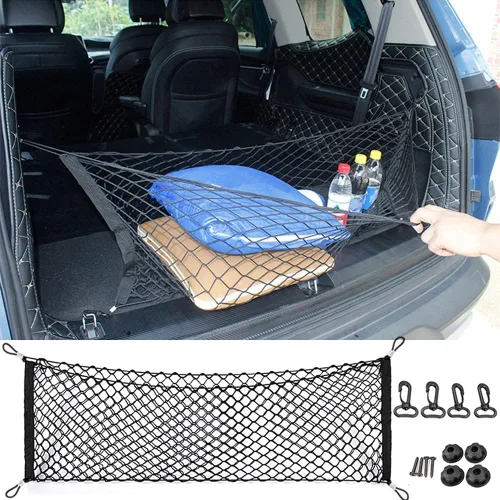 Vista 2 de Red de carga trasera para automóvil, organizador de red elástica ajustable universal para almacenamiento de carga en maletero compatible con SUV