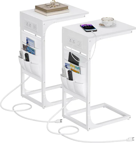 Vista 13 de TUTOTAK - Mesa auxiliar en forma de C, mesa lateral para sofá, mesa de sofá con bolsa de almacenamiento, bandeja para TV para sala de estar, Negro