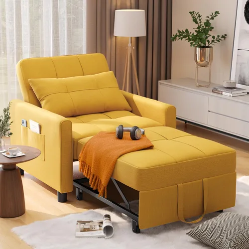 Vista 9 de Aiho - Sofá cama convertible 3 en 1 con diseño ajustable, color beige Respaldo ajustable con cama extraíble, almohada y bolsillo de almacenamiento