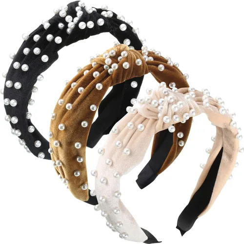 Vista 11 de WILLBOND Diadema anudada con perlas de terciopelo para mujer, accesorios para el cabello (beige, malva pálido, negro)