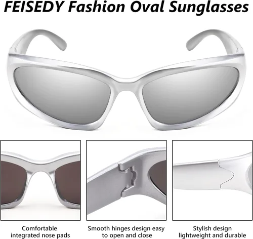 Vista 3 de FEISEDY Gafas de sol futuristas envolventes ovaladas y frescas Y2K con marco grueso vintage de los años 90 para hombres y mujeres B2951