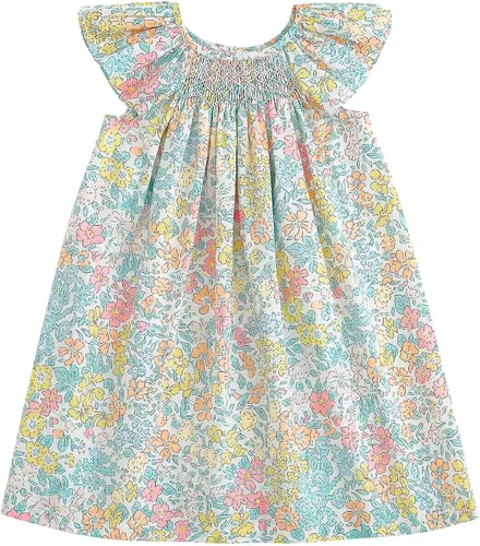 Vista 8 de Simplee kids Vestido casual para niñas pequeñas, vestido fruncido con estampado floral para primavera y verano de 1 a 6 años