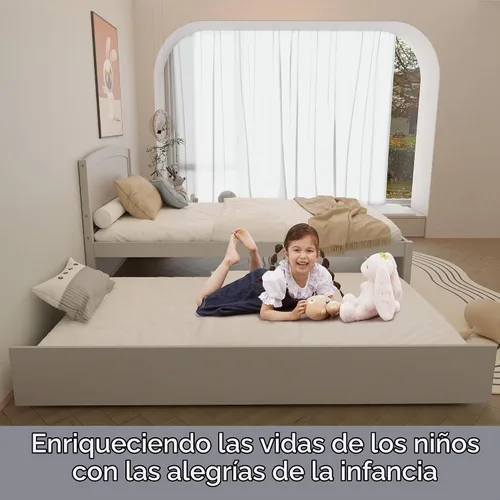 Vista 5 de Xilingol - Cama nido individual, marcos de cama de madera maciza con cabecero y soporte de listones de madera, marco de cama nido individual Gris