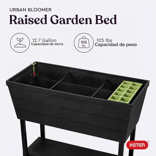 Vista 4 de Keter Urban Bloomer - Jardinera elevada de 12.7 galones y maceta de jardín de hierbas para exteriores con medidor de riego automático y tapón