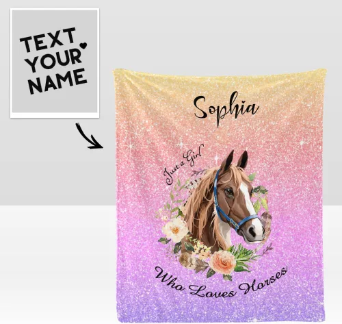 Vista 2 de Manta personalizada con texto en inglés «Just a Girl Loves Hors», manta de forro polar suave con nombre para regalos, sofá cama (50 x 60 pulgadas)