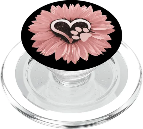 Vista 8 de Girasol y perro con estampado de huellas de flores rosas PopSockets agarre y soporte para teléfonos y tabletas, Negro