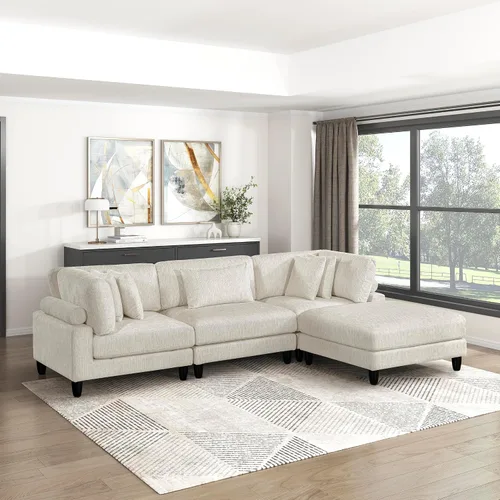 Vista 22 de Lexicon Sofá modular de 120 pulgadas, sofá modular de microfibra de gran tamaño de 4 plazas en forma de L, 6 almohadas decorativas y arreglo Beige