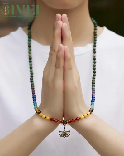 Vista 2 de Bivei 7 Chakra 108 Mala Beads Bracelet Real Gemstone Yoga Meditation Hand Knotted Mala Prayer Bead Necklace