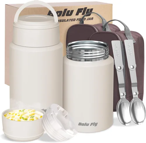 Vista 10 de Tarro de comida aislado de acero inoxidable, paquete de 2 unidades para trabajo y viajes, color negro Vacuum insulated thermos keeps soup/pasta