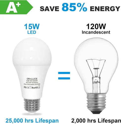 Vista 4 de ORALUCE Bombillas LED de 100 W, equivalente a 120 W, 15 W, 1600 lúmenes, 6500 K, luz blanca fría, base media E26, no regulable, certificación UL