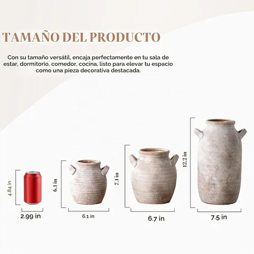 Vista 3 de Florero Grande para Decoración del Hogar - Jarrones de Mesa Rústicos de Cerámica Estilo Granja de 12 Pulgadas de Alto con Asa, Decoración de Sala