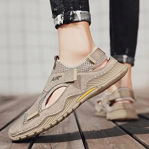 Vista 7 de Sandalias de hombre para hombre, sandalias de playa para hombre, zapatos de verano con punta cerrada, zapatos de cuero hechos a mano, transpirables