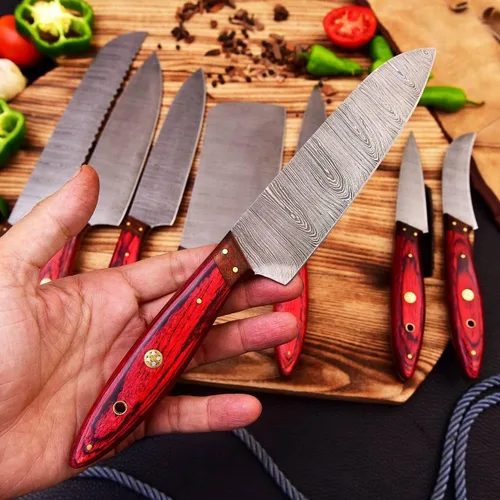 Vista 2 de Cuchilla de acero de damasco hecha a mano personalizada Cuchillos de cocina profesionales 8 PCS cuchillo de cocina de chef conjunto con bolsa