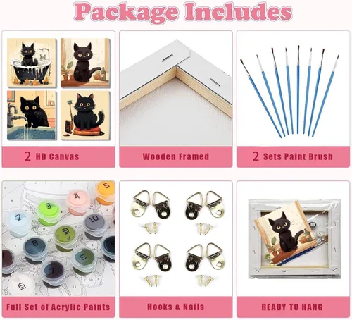 Vista 7 de Divertido kit de pintura por números de gato negro para adultos principiantes, paquete de 4 kits de pintura al óleo acrílica de gato negro