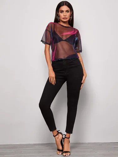 Vista 5 de Floerns Blusa de manga corta para mujer con malla transparente