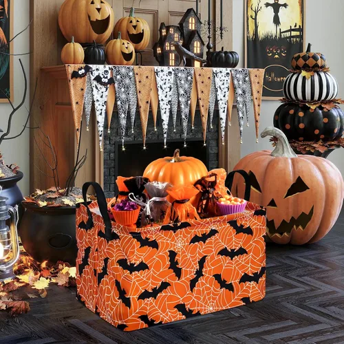 Vista 3 de Cesta de almacenamiento de Halloween, diseño de tela plegable con diseño de araña, murciélago y calabaza, con asas de cuero, organizador de estante