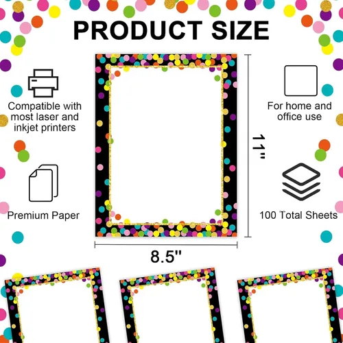Vista 2 de 100 hojas de confeti de regreso a clases, papel de papelería negro de 8.5 x 11 pulgadas, papel para impresora de borde de computadora, papel