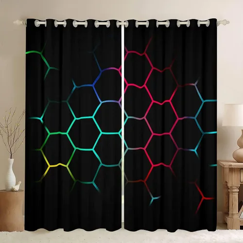 Vista 13 de Feelyou - Cortinas de ventana en forma de panal, tema geométrico hexagonal con luces de neón verdes, para chicos adolescentes y hombres, elegante