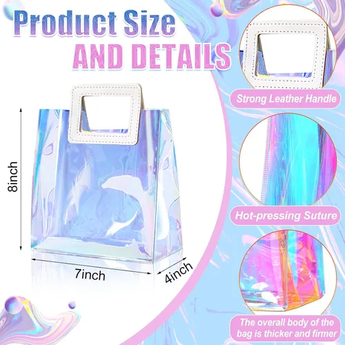 Vista 2 de CHENGU 10 bolsas iridiscentes, holográficas, transparentes, reutilizables, para cumpleaños, PVC, 7 x 8 x 4 pulgadas, bolsas con asa de compras, a