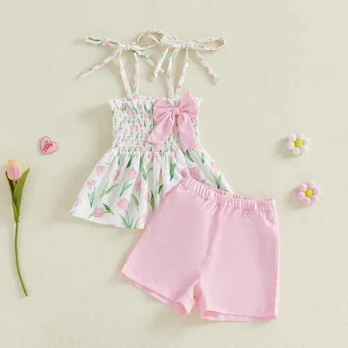Vista 4 de Conjunto de ropa de verano para niña pequeña, con lazo fruncido, camiseta y pantalones cortos, tulipán, floral, lindos trajes para niñas pequeñas