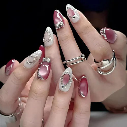 Vista 20 de Uñas postizas largas a presión, color negro, diseño francés y floral, 24