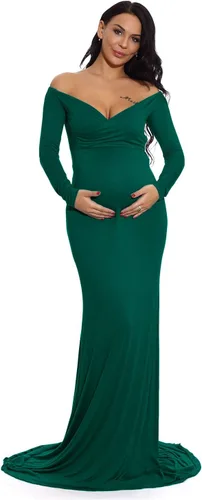 Vista 2 de ZIUMUDY Vestido de Maternidad con Hombros Descubiertos para Sesión de Fotos y Fotografía, Vestido de Color Sólido para Baby Shower