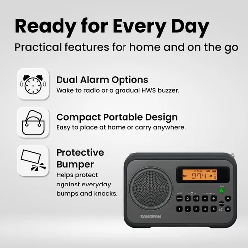 Vista 10 de Sangean PR-D18BK Radio digital portátil AM/FM/con parachoques protector (gris/negro) negro/gris