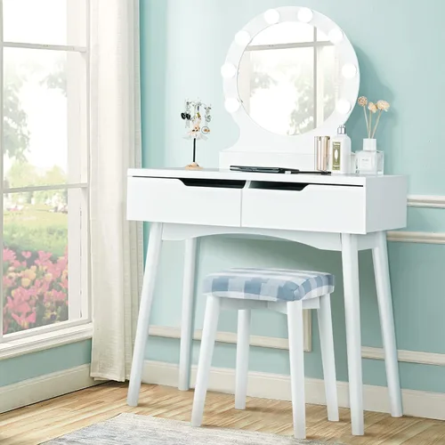 Vista 9 de Set de mesa de tocador Giantex con 8 bombillas y interruptor táctil, mesa de maquillaje para niñas princesa con espejo redondo grande, 2 cajones