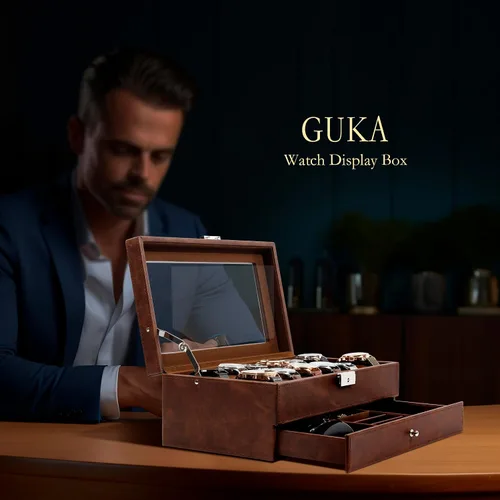 Vista 3 de GUKA Caja de reloj, caja de reloj con 12 ranuras, fundas de reloj para hombres con tapa de cristal real, organizador de reloj de cuero sintético
