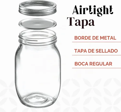 Vista 2 de Paquete de 6 tarros de vidrio de boca regular de 16 onzas con tapas herméticas de metal y bandas para conserva, conservación y preparación