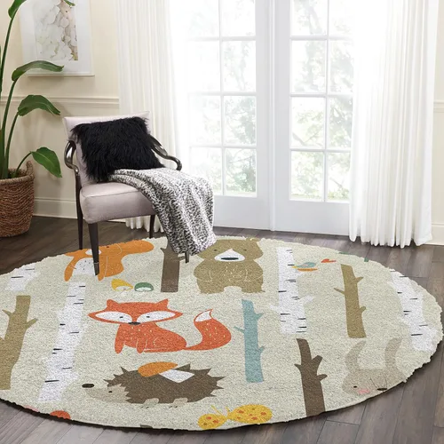 Vista 4 de Alfombra de área de 5 pies para interior, redonda, diseño de dibujos animados, conejo, oso, zorro, bosque, alfombra lanuda para niños, habitación