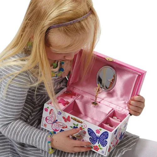 Vista 3 de Caja de música floral de mariposa caja de joyería para niñas forrada en satén rosa fuerte bailarina