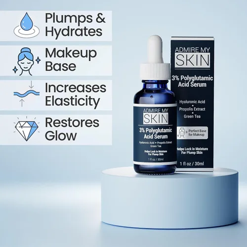 Vista 2 de Admire My Skin Suero facial de ácido poliglutámico orgánico – Potente hidratación y antienvejecimiento + ácido hialurónico + propóleos 1 oz