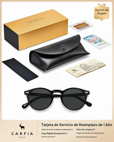 Vista 8 de CARFIA Gafas de sol polarizadas para mujeres con protección UV, marco de acetato para cara pequeña CA5288 A: Marco negro lente gris