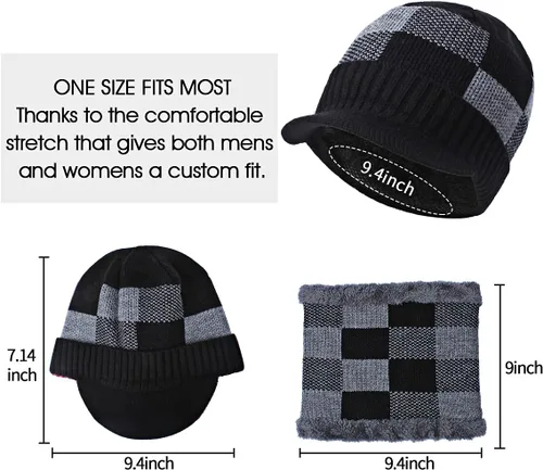Vista 3 de HH HOFNEN Conjunto de bufanda de invierno para hombres y mujeres, visera de punto, cálido, grueso, forro polar, calentador de cuello para exteriores