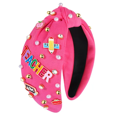 Vista 9 de Diademas para profesoras, diadema anudada con perlas de cristal para mujer, lindo libro para enseñar, adornado con nudo superior, regalos