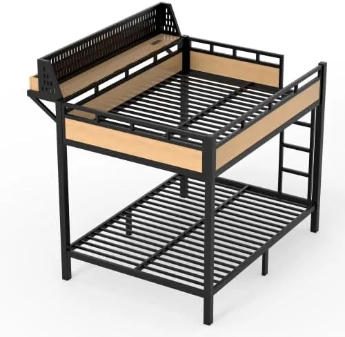 Vista 8 de Bellemave Litera de tamaño matrimonial con estantes de almacenamiento y tablero de clavijas, marco de cama de metal con puertos USB y luces LED