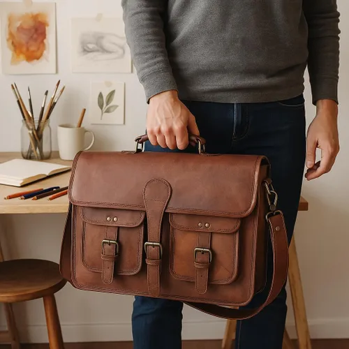 Vista 7 de Bolsa de mensajero de cuero para hombres y mujeres de 18 pulgadas, maletín grande vintage, bolso de hombro para laptop, bolsa bandolera unisex
