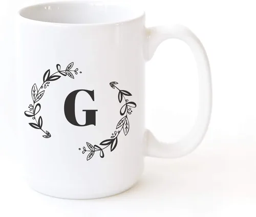 Vista 4 de The Cotton & Canvas Co. Botánico personalizado monograma inicial letra A taza de café porcelana cerámica taza de café para ella, para él