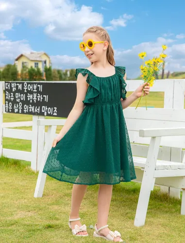 Vista 4 de EISHOPEER Vestidos para niñas de 5 a 13 años con mangas con volantes y lunares suizos, estilo casual, acampanado, vestido de fiesta estilo patinadora