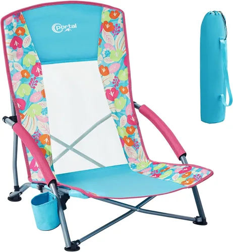 Vista 8 de PORTAL Sillas de Playa para Adultos, Camping, Bajas, Ligeras, Portátiles con Soporte para Tazas, Respaldo de Malla, Bolsa de Transporte para Arena